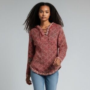Artesania Sweater 15% Alpaca Red Orange Hooded Lace-up V-neck. NWOT Size S #006